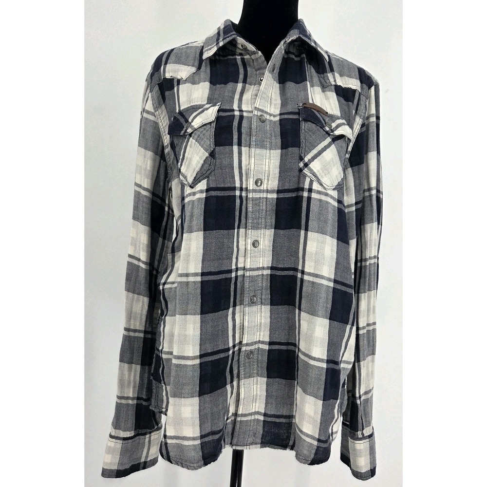 Diesel Men's Pearl Snap Plaid Shirt XL Navy White Cotton Double Pocket